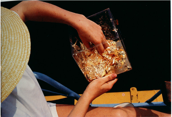Rotraut Klein-Moquay getting ready to scatter Yves Klein's <em>Zone</em> for Edward Kienholz, 1963. Rotraut Klein-Moquay getting ready to scatter Yves Klein's <em>Zone</em> for Edward Kienholz, 1963.